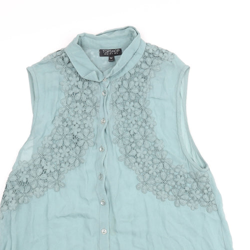 Topshop Womens Blue Polyester Basic Blouse Size 10 Collared - Floral Lace Detail