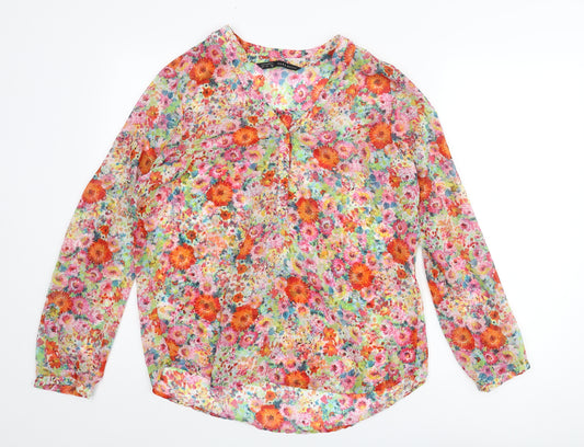 Zara Womens Multicoloured Floral Polyester Basic Blouse Size L V-Neck