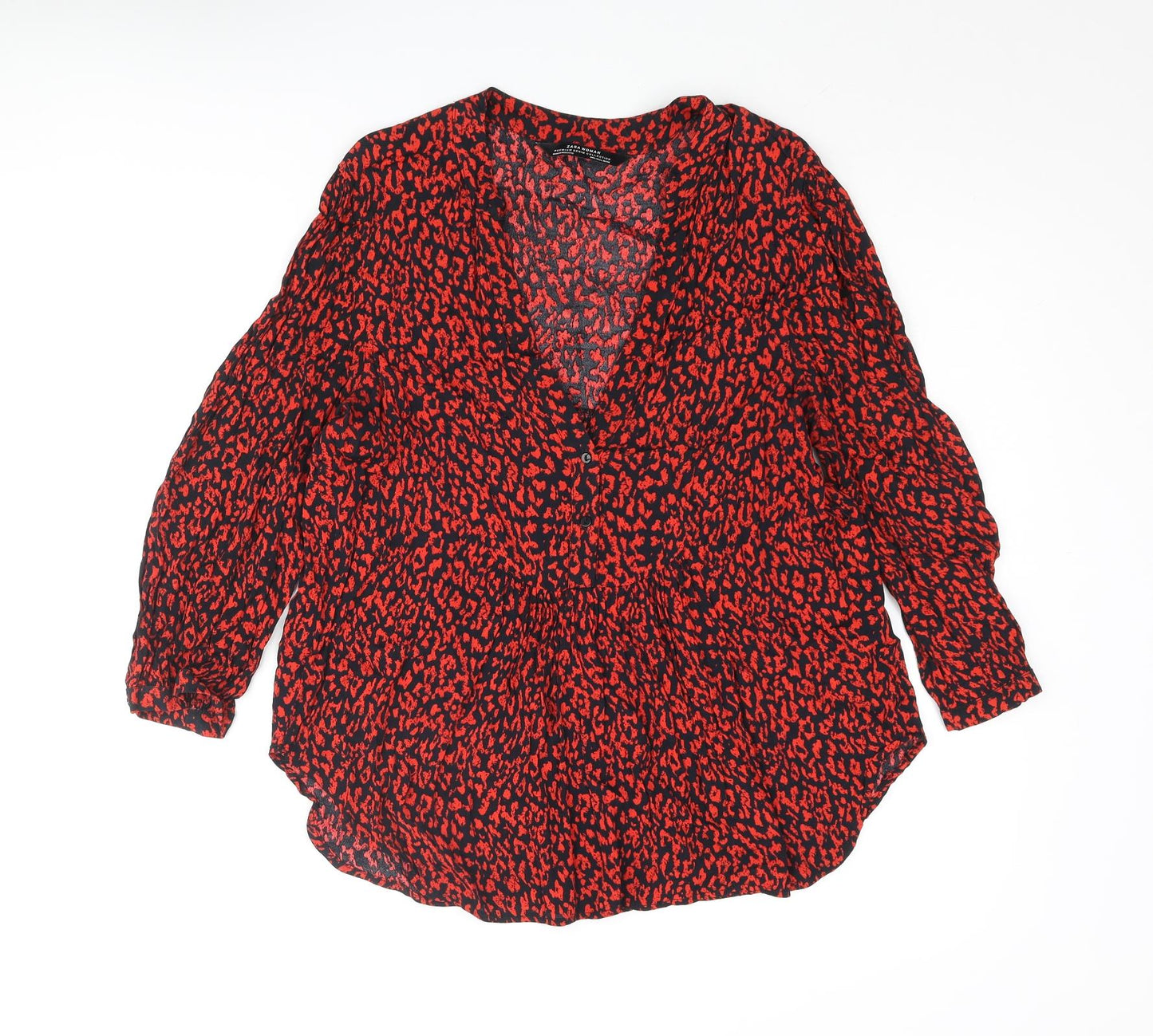 Zara Womens Red Animal Print Viscose Basic Blouse Size L V-Neck - Leopard Print