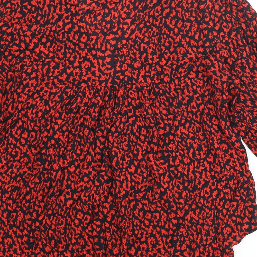 Zara Womens Red Animal Print Viscose Basic Blouse Size L V-Neck - Leopard Print