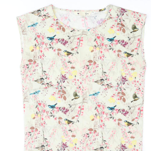Yumi Womens Beige Geometric Polyester Basic Blouse Size 10 Round Neck - Floral Bird Birdhouse Print