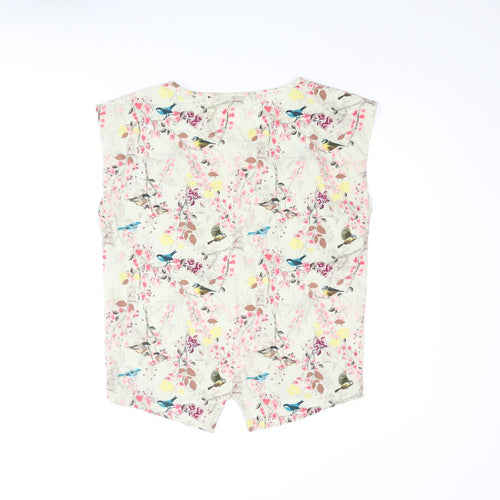 Yumi Womens Beige Geometric Polyester Basic Blouse Size 10 Round Neck - Floral Bird Birdhouse Print