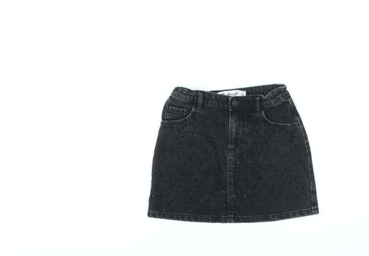 Denim & Co. Girls Black Cotton A-Line Skirt Size 8-9 Years Regular Zip - Jewelled Detail