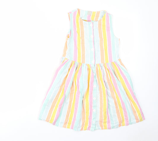 John Lewis Girls Multicoloured Striped Cotton Fit & Flare Size 9 Years Crew Neck Button - Pleated