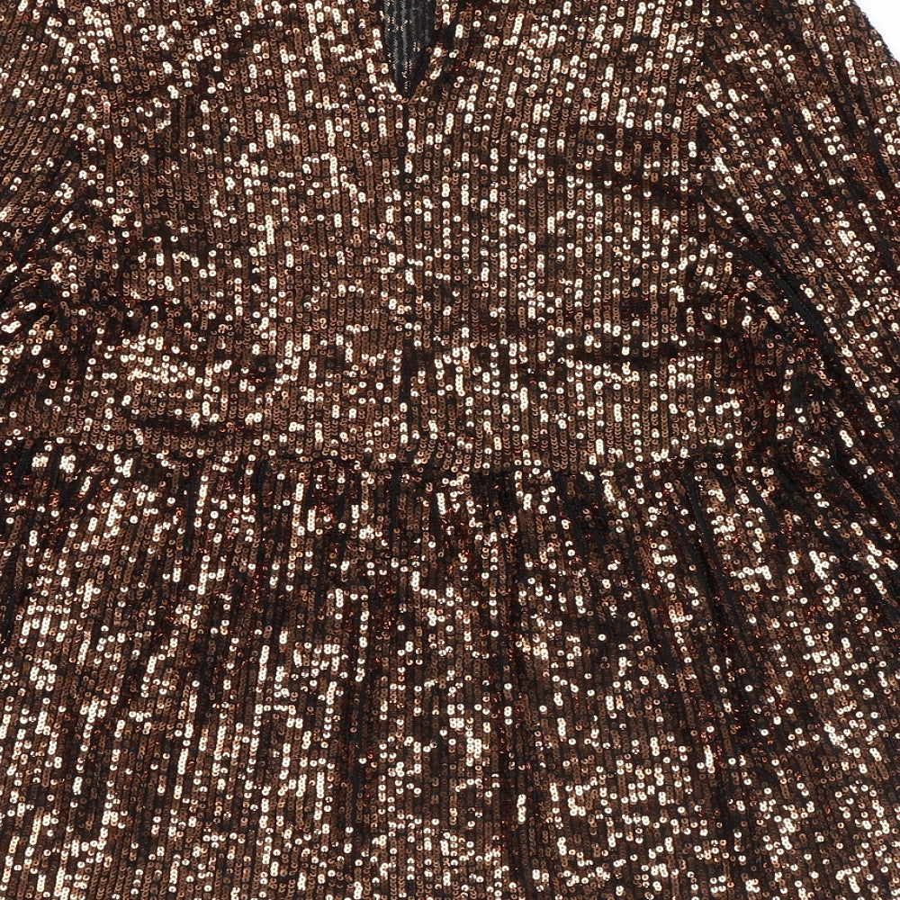 New Look Womens Brown Polyester Basic Blouse Size 10 Mock Neck - Sequins