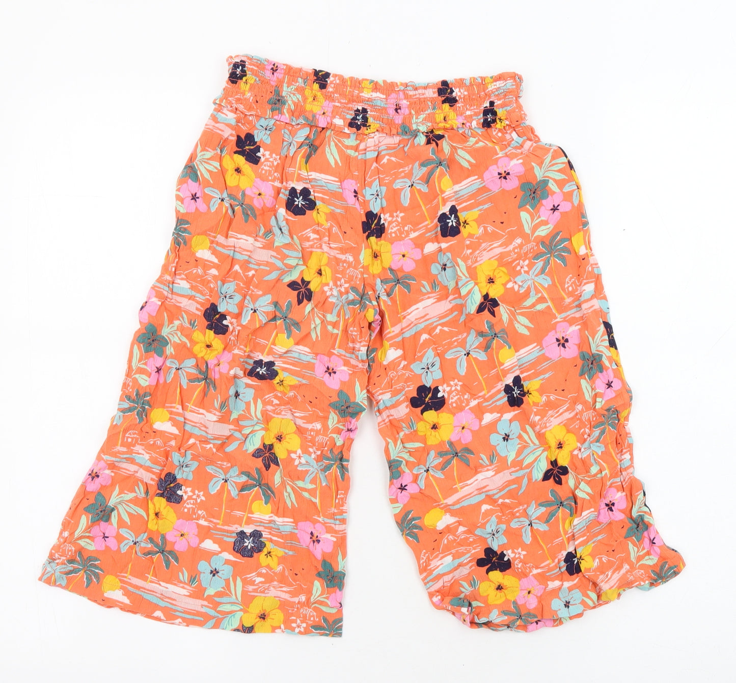 Marks and Spencer Girls Orange Floral Polyester Sailor Shorts Size 6-7 Years L13 in Regular - Shirred Waist