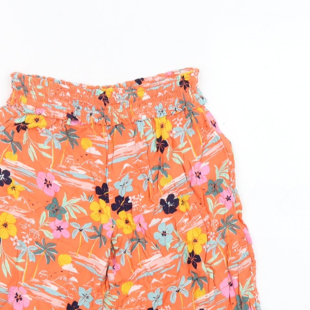 Marks and Spencer Girls Orange Floral Polyester Sailor Shorts Size 6-7 Years L13 in Regular - Shirred Waist