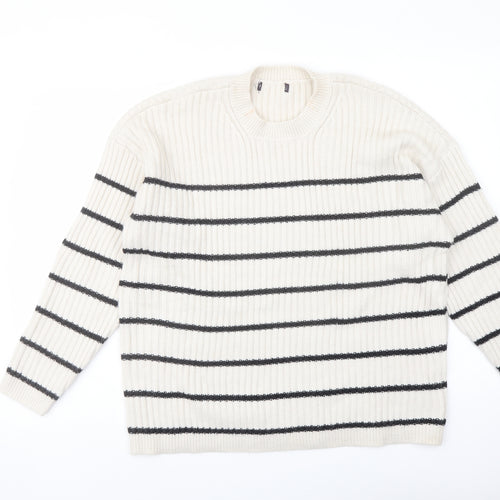Marks and Spencer Womens Ivory Crew Neck Striped Acrylic Pullover Jumper Size L