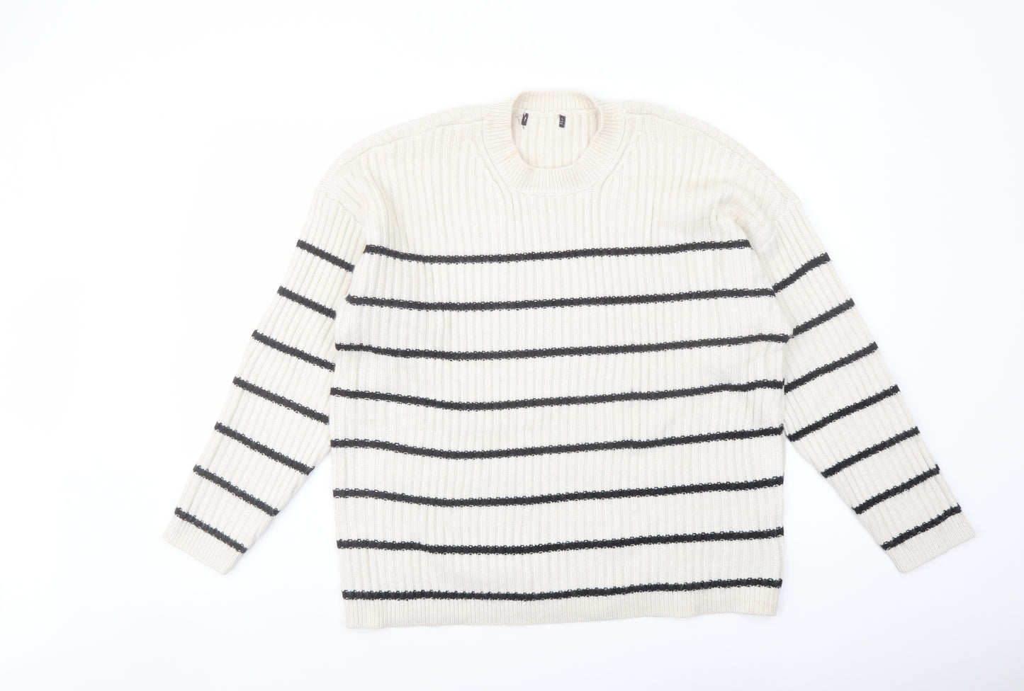 Marks and Spencer Womens Ivory Crew Neck Striped Acrylic Pullover Jumper Size L