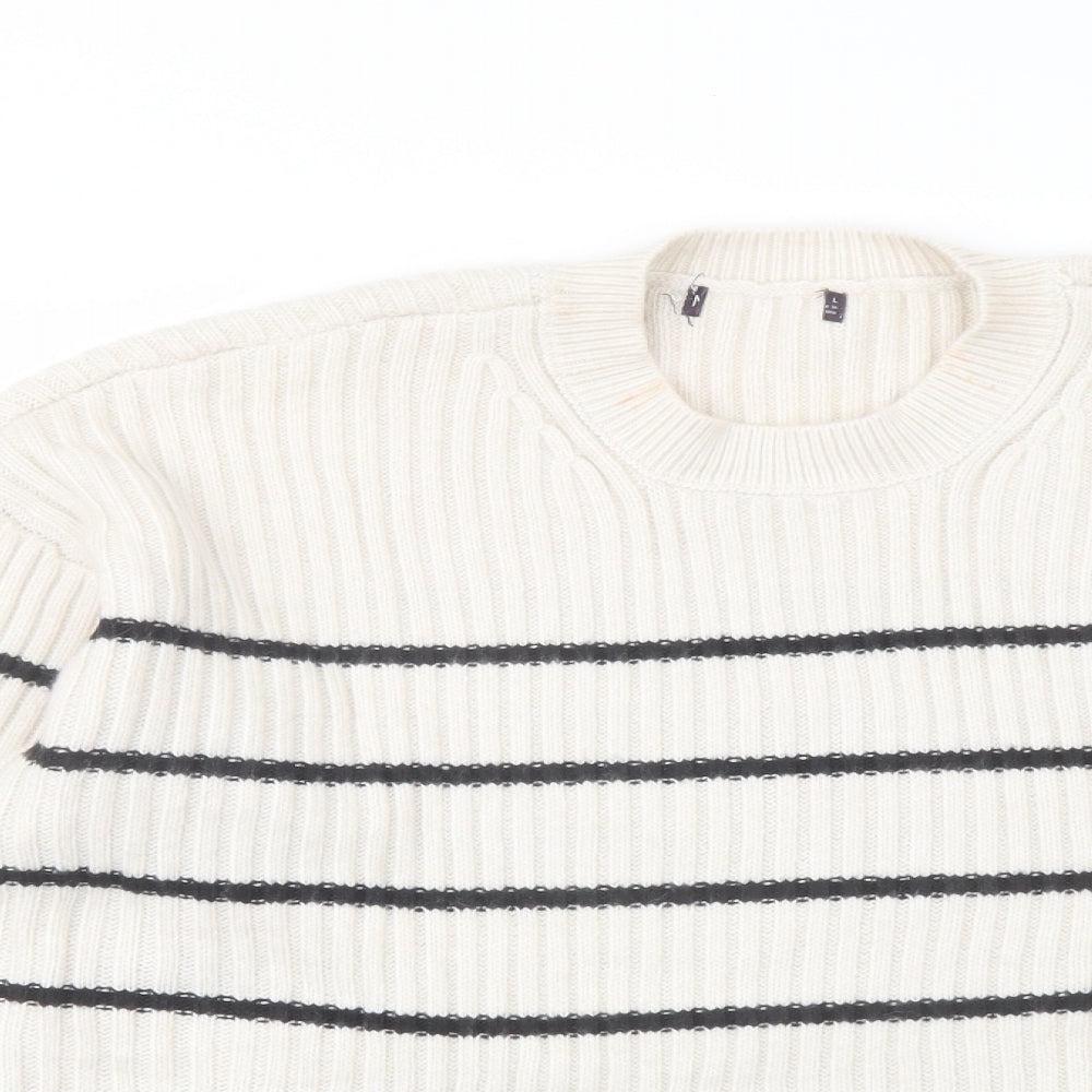 Marks and Spencer Womens Ivory Crew Neck Striped Acrylic Pullover Jumper Size L