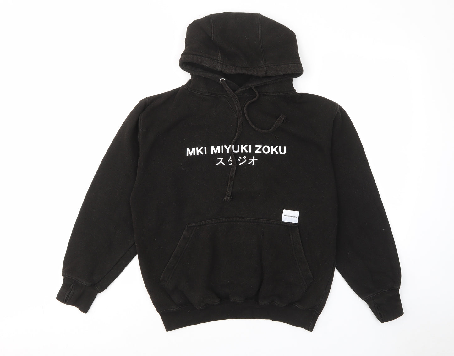 MKI MIYUKI ZOKU Mens Black Cotton Pullover Hoodie Size S - Pockets, Logo, Embroided