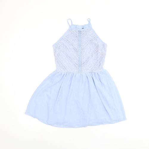 New Look Girls Blue Nylon Skater Dress Size 10 Years Halter Zip - Lace Details