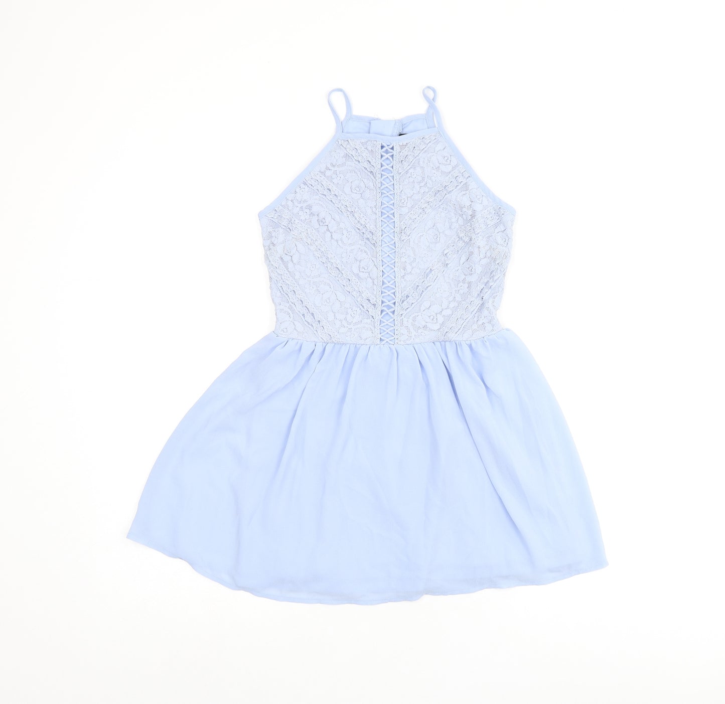 New Look Girls Blue Nylon Skater Dress Size 10 Years Halter Zip - Lace Details