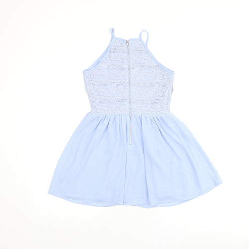 New Look Girls Blue Nylon Skater Dress Size 10 Years Halter Zip - Lace Details