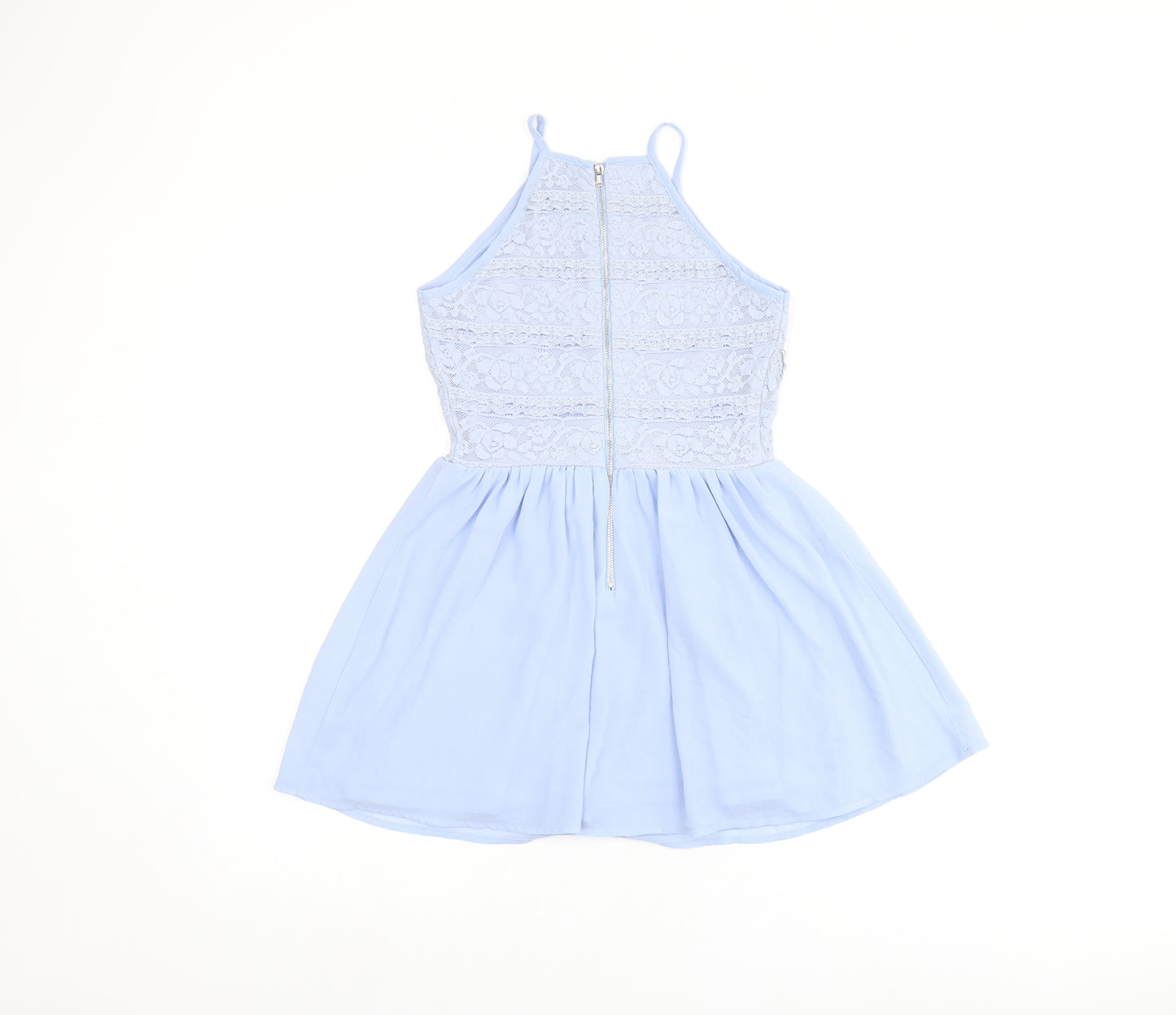 New Look Girls Blue Nylon Skater Dress Size 10 Years Halter Zip - Lace Details