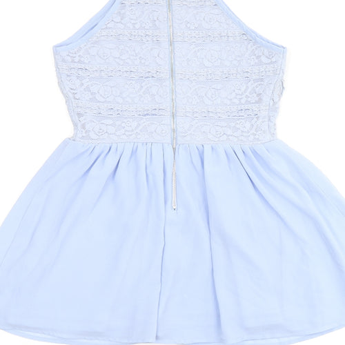 New Look Girls Blue Nylon Skater Dress Size 10 Years Halter Zip - Lace Details