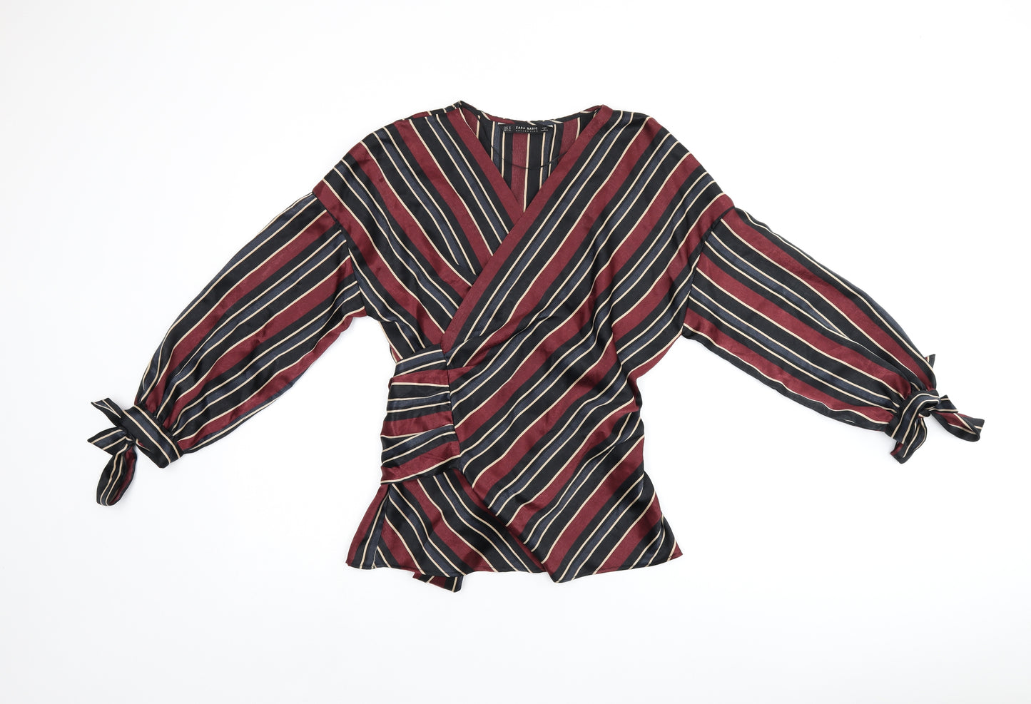 Zara Womens Red Striped Polyester Wrap Blouse Size M V-Neck