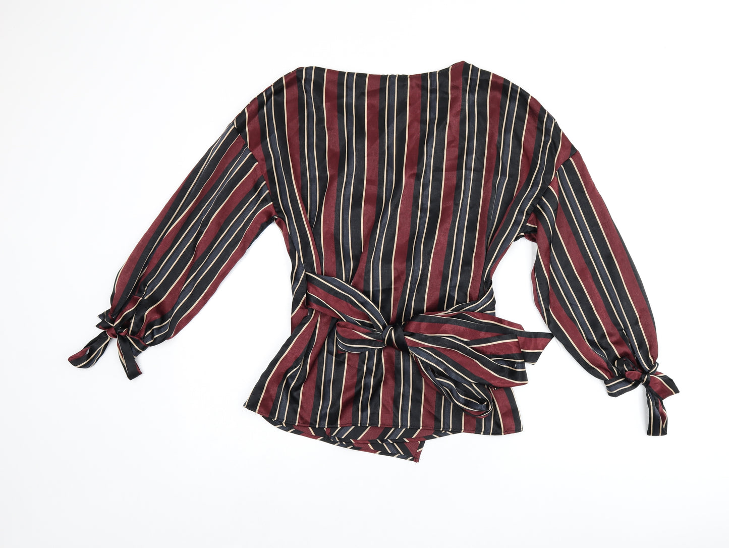 Zara Womens Red Striped Polyester Wrap Blouse Size M V-Neck