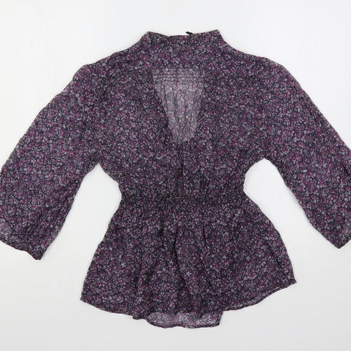Zara Womens Purple Floral Polyester Basic Blouse Size M V-Neck - Sheer