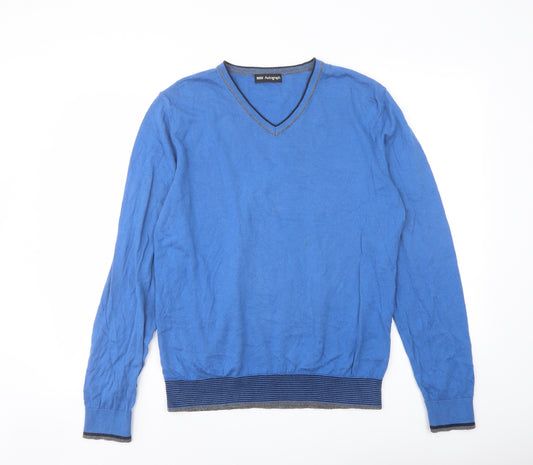 Autograph Mens Blue V-Neck Cotton Pullover Jumper Size M Long Sleeve