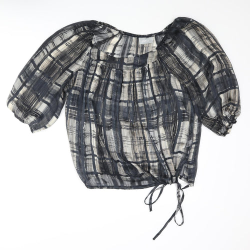 Wallis Womens Grey Check Polyester Basic Blouse Size L Round Neck - Semi Sheer Drawstring Hem