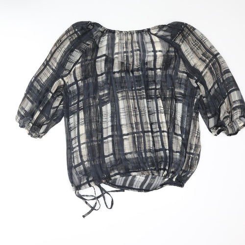 Wallis Womens Grey Check Polyester Basic Blouse Size L Round Neck - Semi Sheer Drawstring Hem
