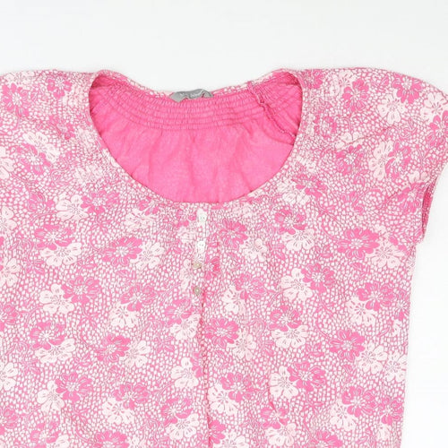 Marks and Spencer Womens Pink Floral Cotton Basic Blouse Size 12 Round Neck - Button