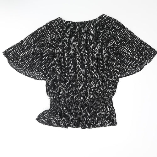 Marks and Spencer Womens Black Geometric Viscose Basic Blouse Size 12 Round Neck - Batwing Sleeve