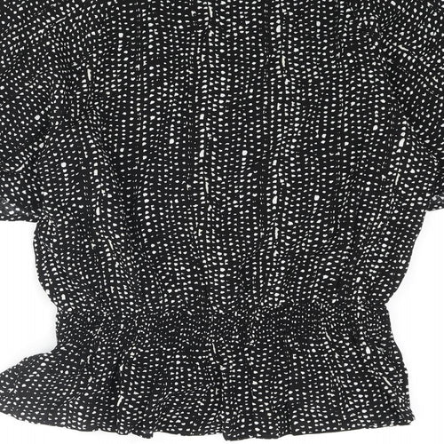 Marks and Spencer Womens Black Geometric Viscose Basic Blouse Size 12 Round Neck - Batwing Sleeve