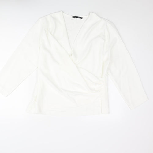 Zara Womens White Polyester Basic Blouse Size L V-Neck - Cowl Front