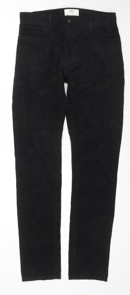 Marks and Spencer Mens Black Cotton Trousers Size 30 in L33 in Regular Zip