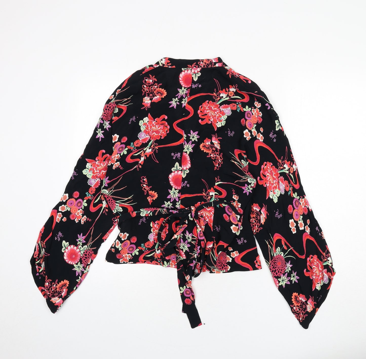 Oasis Womens Black Floral Viscose Wrap Blouse Size 10 V-Neck
