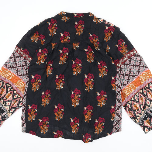 Monsoon Womens Black Floral Cotton Basic Blouse Size S V-Neck - Geometric Detailing