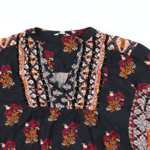 Monsoon Womens Black Floral Cotton Basic Blouse Size S V-Neck - Geometric Detailing
