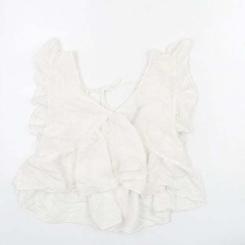 Zara Womens White Viscose Basic Blouse Size M V-Neck - Lace Trim, Ruffle Detail