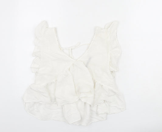 Zara Womens White Viscose Basic Blouse Size M V-Neck - Lace Trim, Ruffle Detail