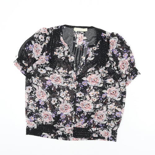 Pins & Needles Womens Black Floral Polyester Basic Button-Up Size S V-Neck