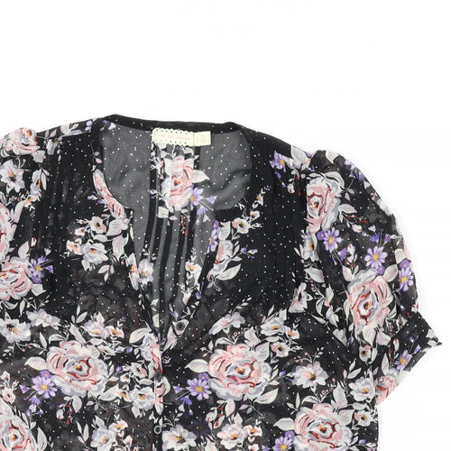Pins & Needles Womens Black Floral Polyester Basic Button-Up Size S V-Neck