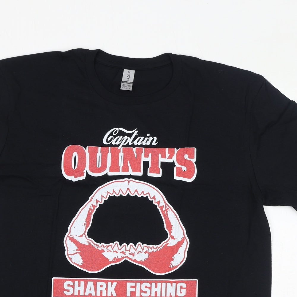 Gildan Womens Black Cotton Basic T-Shirt Size L Round Neck - Captain Quints, Shark Fishing