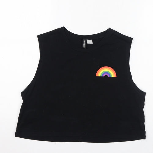 Divided by H&M Womens Black Cotton Cropped Tank Size L Round Neck - Rainbow