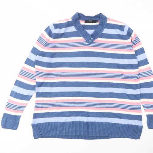 EWM Womens Blue V-Neck Striped Acrylic Pullover Jumper Size L - Buttons, Collared