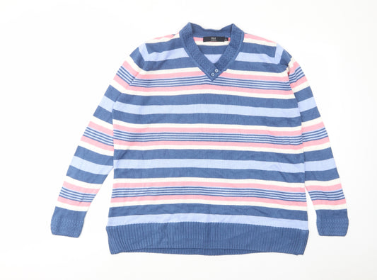 EWM Womens Blue V-Neck Striped Acrylic Pullover Jumper Size L - Buttons, Collared
