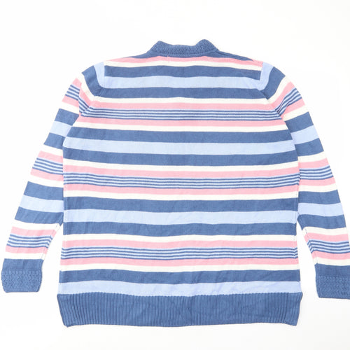 EWM Womens Blue V-Neck Striped Acrylic Pullover Jumper Size L - Buttons, Collared