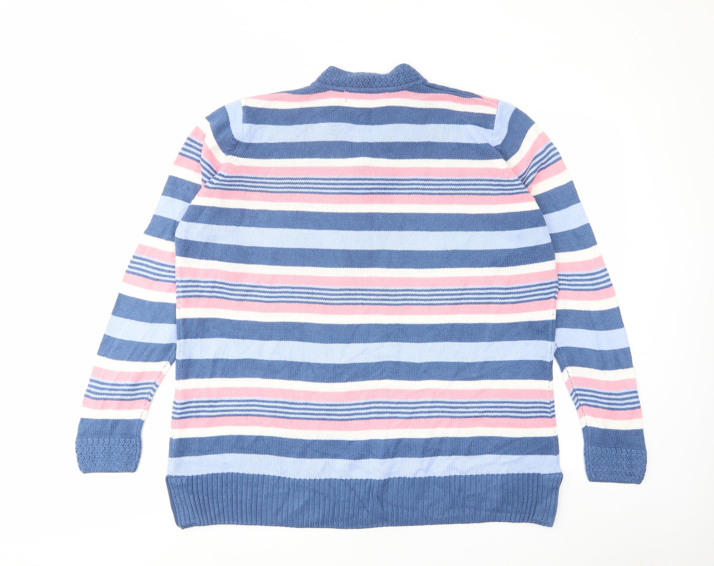 EWM Womens Blue V-Neck Striped Acrylic Pullover Jumper Size L - Buttons, Collared