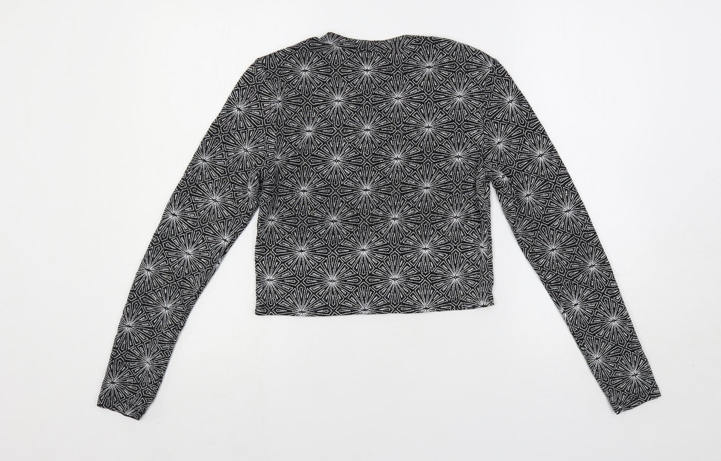 H&M Womens Black Geometric Polyamide Cropped T-Shirt Size S Crew Neck - Glitter
