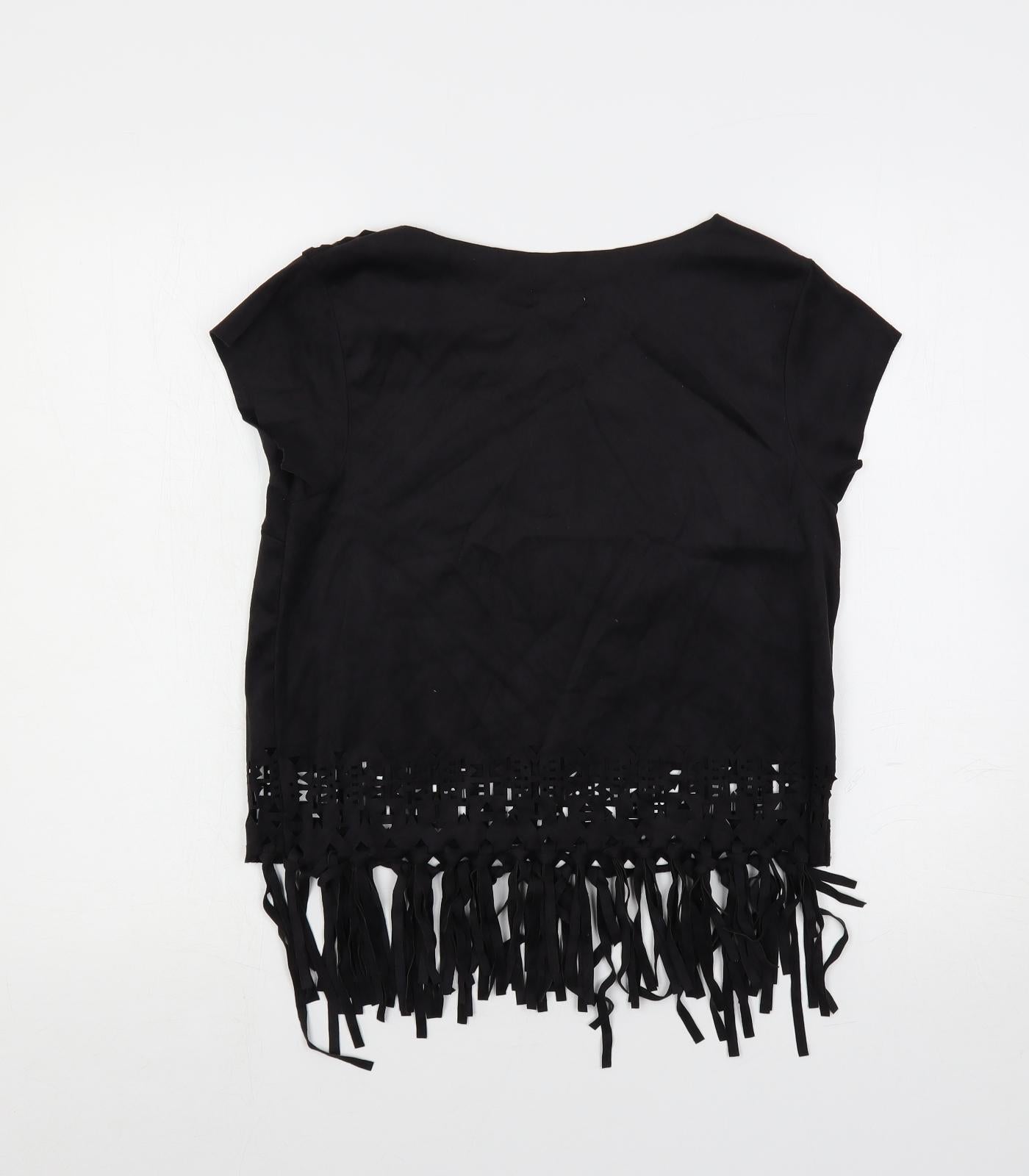 Xhilaration Womens Black Polyester Basic Blouse Size M Boat Neck - Fringe