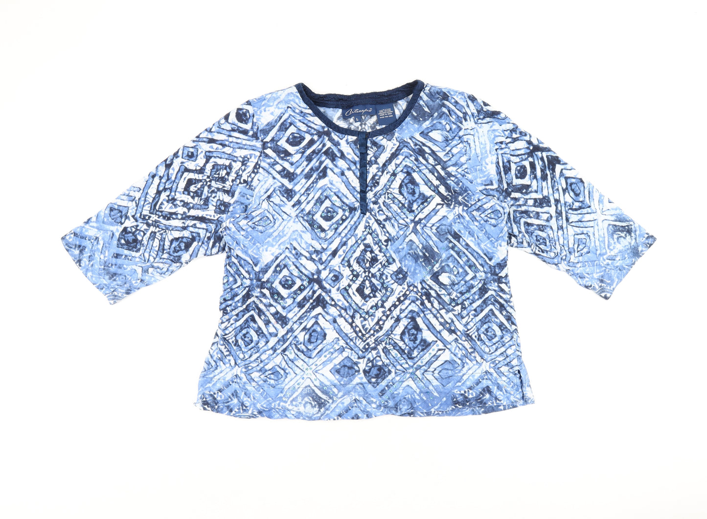 Artacapea Womens Blue Geometric Cotton Basic Blouse Size L Round Neck - Sequins
