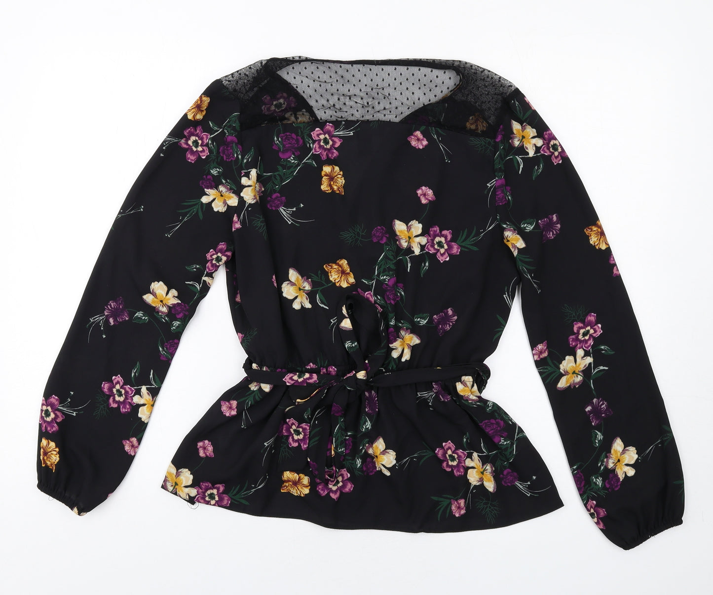 New Look Womens Black Floral Polyester Basic Blouse Size 12 V-Neck