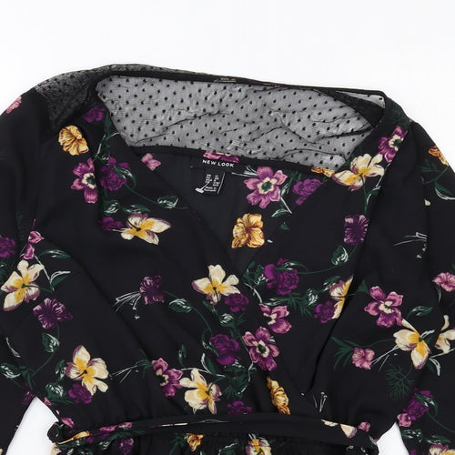 New Look Womens Black Floral Polyester Basic Blouse Size 12 V-Neck