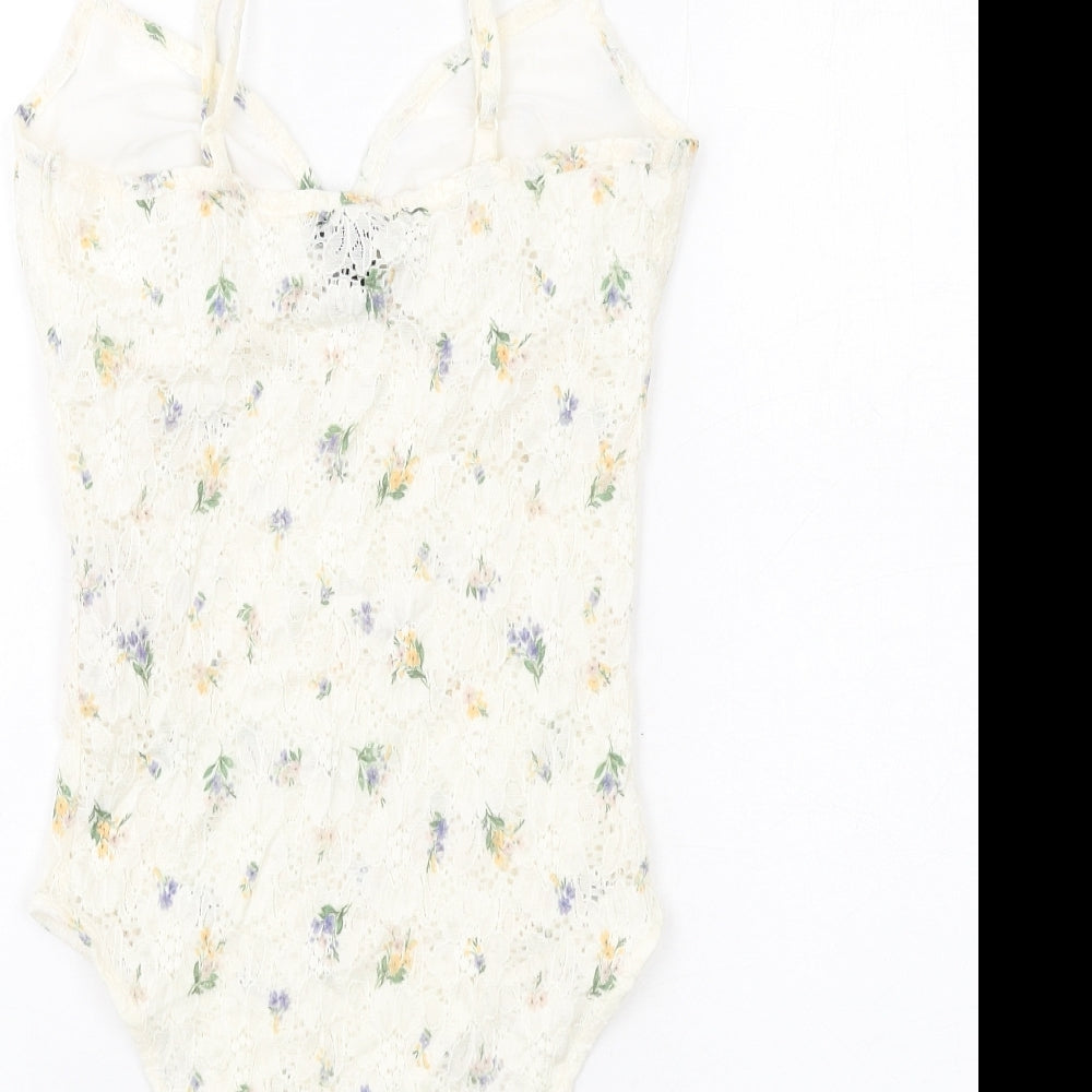 New Look Womens Ivory Floral Nylon Bodysuit One-Piece Size 8 Snap